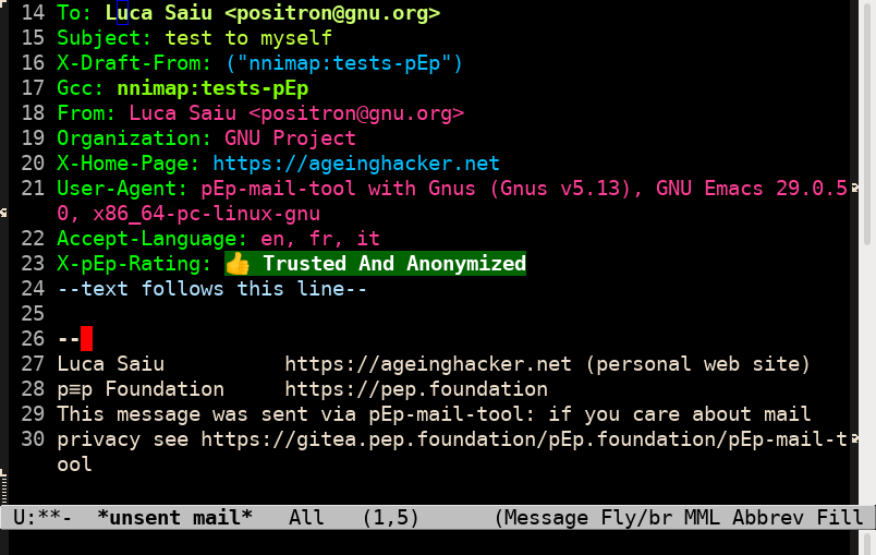 Gnus screenshot composing a message with pmt mode