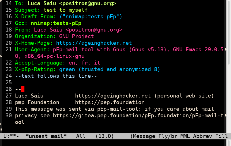Gnus screenshot composing a message no pmt mode