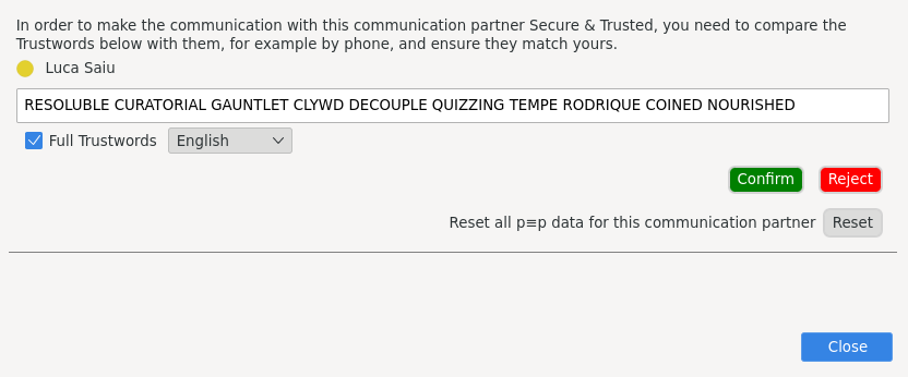 p≡p for Thunderbird UI displaying trustwords to check